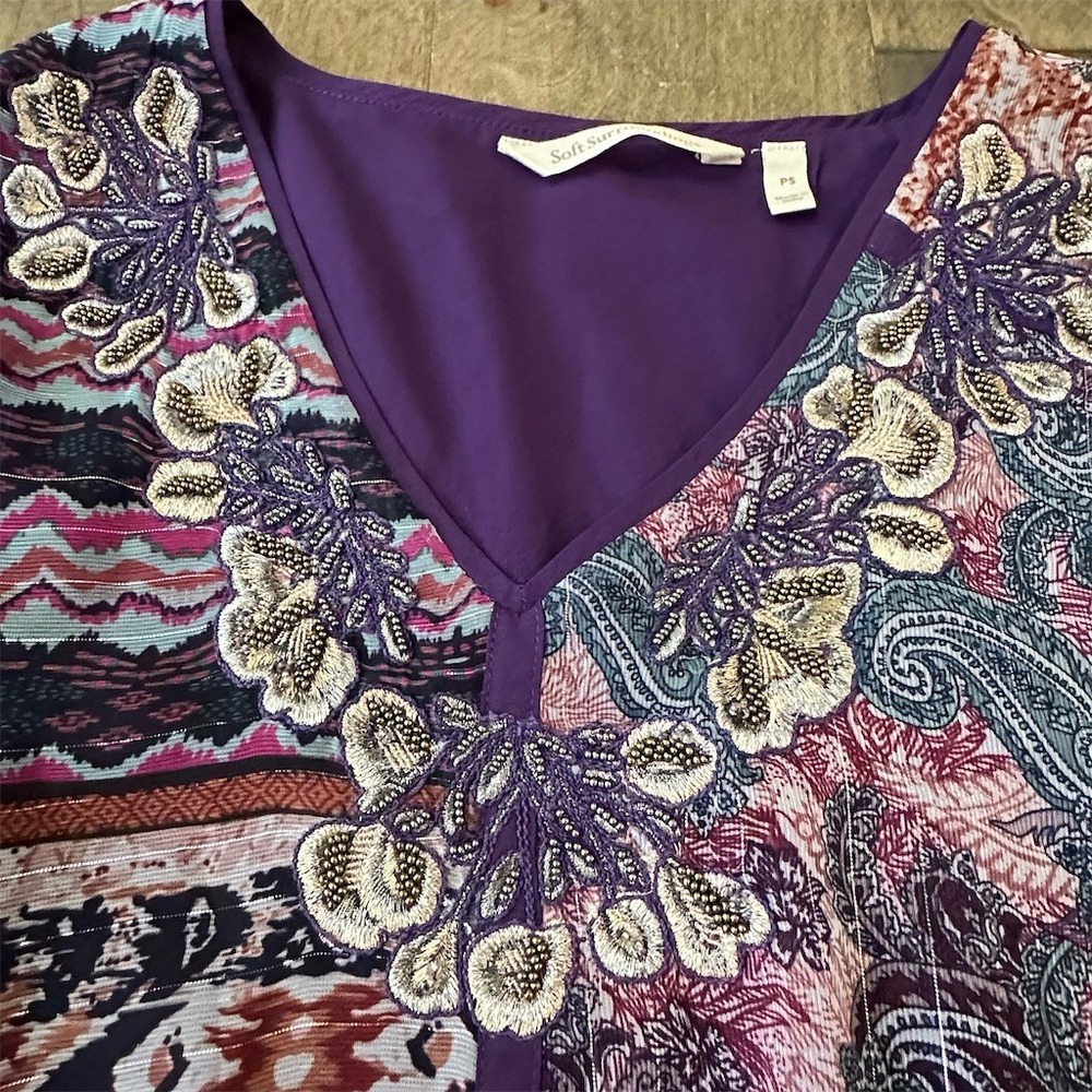 Soft Surroundings Tunic Top Womens Petite Small‎ Multicolor Beaded V-Neck - Picture 6 of 9